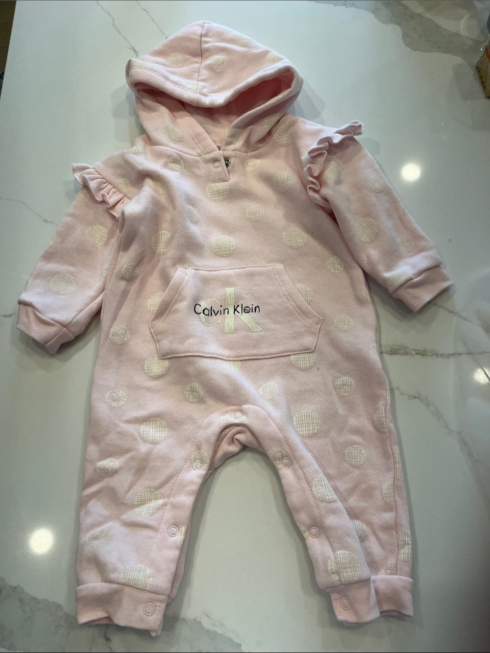 Calvin Klein Pink Hooded Polka Dot Baby One-Piece